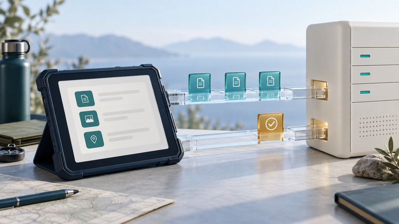 A rugged tablet and ivory server are joined by glass tracks holding teal record tiles and an amber confirmation tile.
