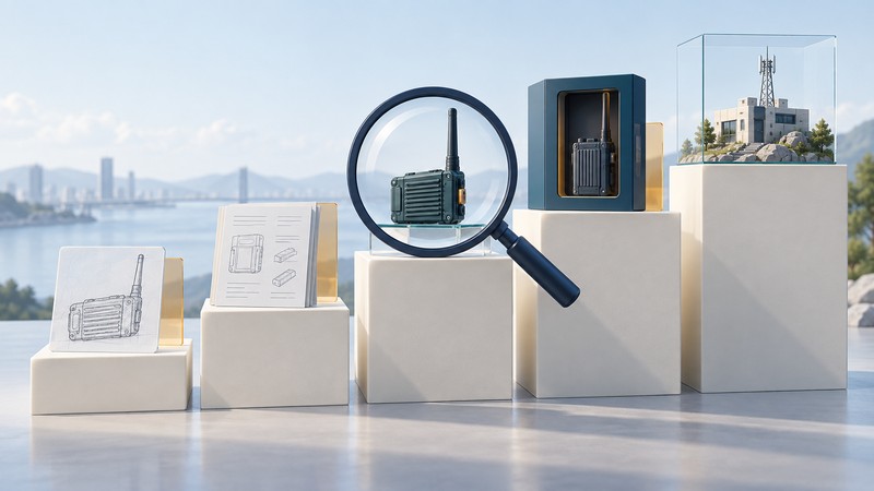 Five plinths show a wireless-device sketch, technical document, examined prototype, packaged radio and deployed communications building.