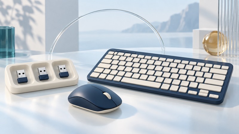 Three compact USB receivers beside a wireless keyboard and mouse