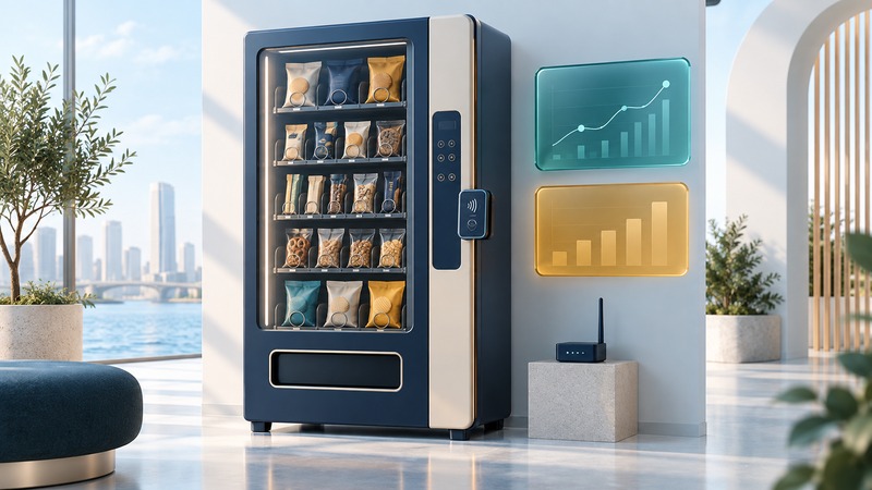 A vending machine and payment reader stand beside a cellular gateway and abstract reporting panels.