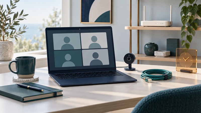 A laptop displays four abstract participant tiles beside a webcam, Ethernet cable and amber clock panel.