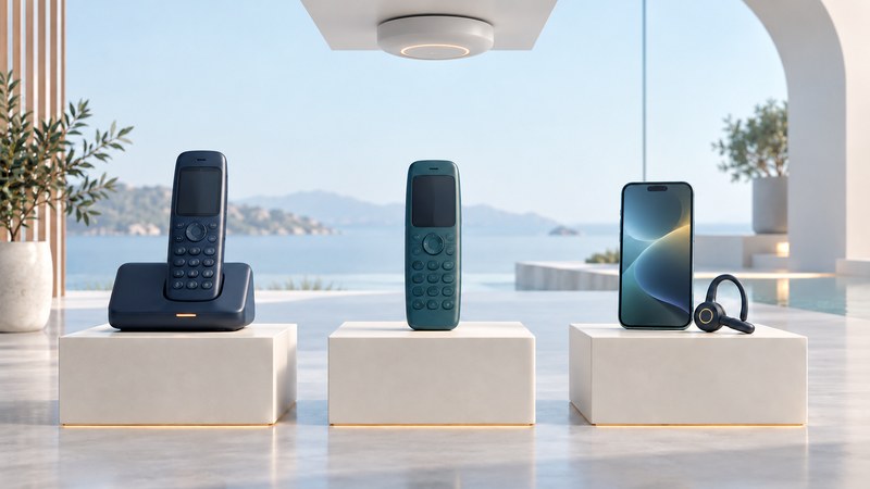 A cordless handset and base, a wireless handheld and a smartphone with headset on separate ivory plinths.