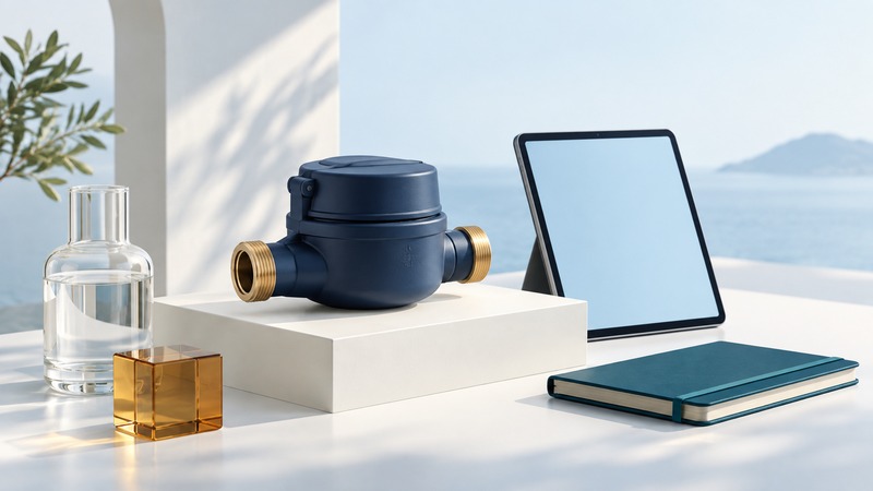 A conceptual closed water meter with short pipe connections beside a tablet and notebook.