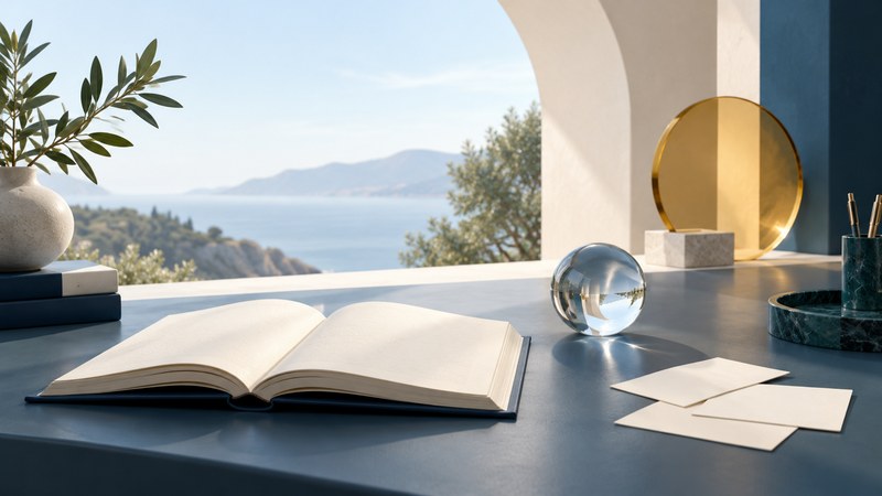 An open book, blank note cards and a glass sphere beside a sunlit arch.