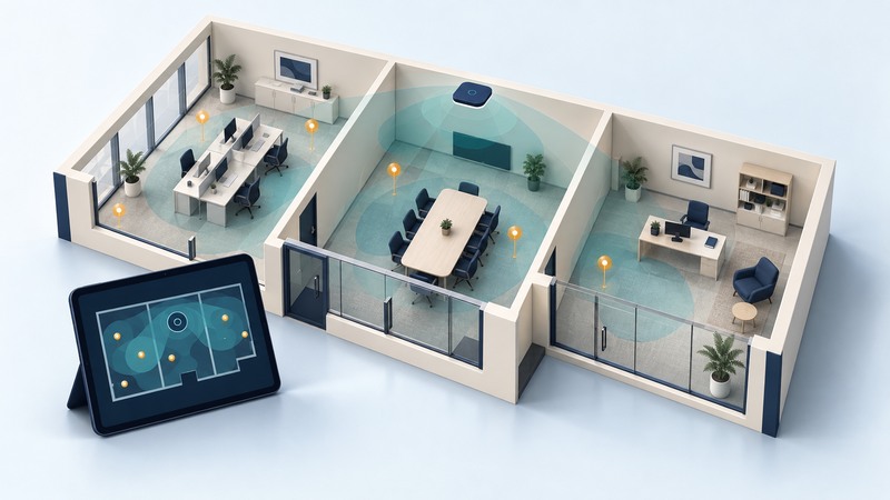 An office floor plan and survey tablet illustrate practical network planning.