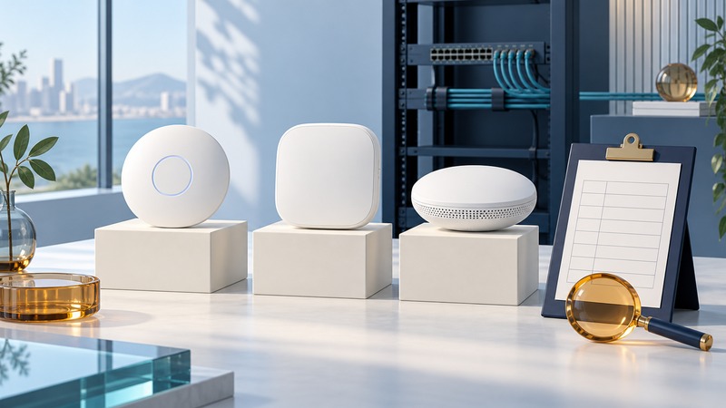 Three unbranded access points stand on equal plinths beside an empty comparison sheet and amber magnifier.