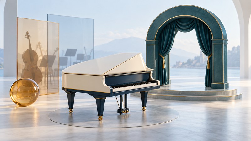 An ivory piano, a teal opera-stage arch, and glass panels suggesting an orchestra.