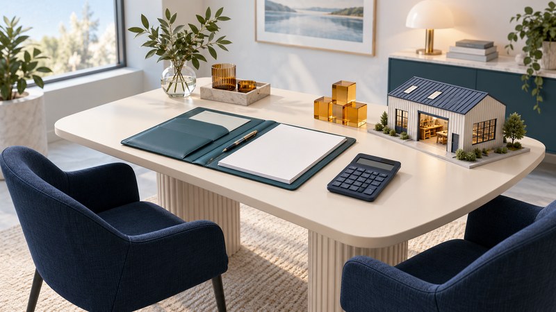 A teal document folder, calculator, amber blocks and miniature workshop sit on a table between two navy chairs.