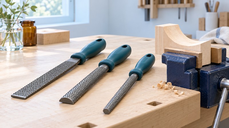 Three handled rasps with flat, half-round and round profiles beside a curved wood sample held in a padded vise.