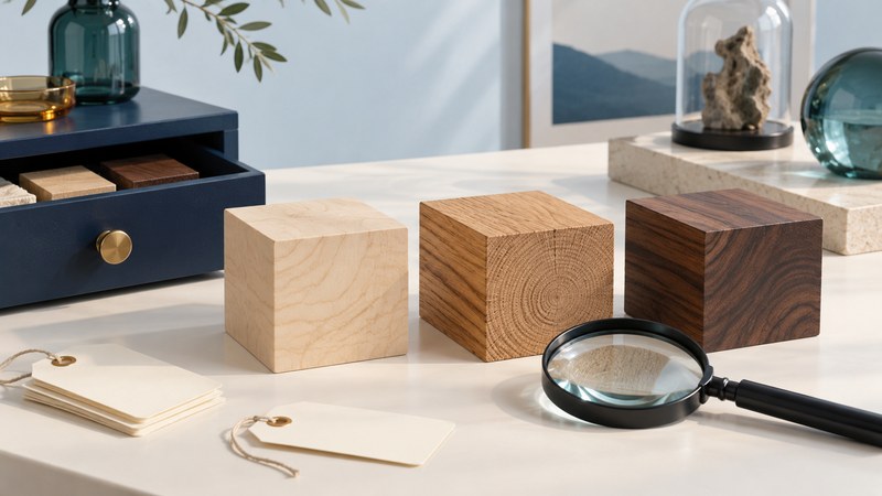 Three wood sample blocks with visible grain beside a magnifier, tags, and a specimen drawer.