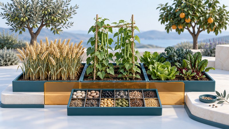 Grain, climbing plants and leafy crops beside a divided seed tray and fruit trees.