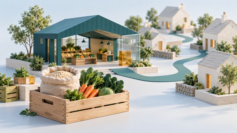 A crate of grain and vegetables beside a teal market pavilion and small ivory homes.