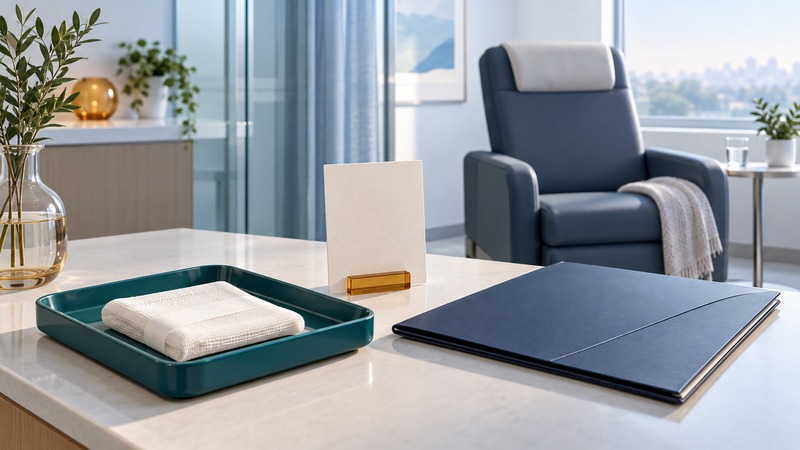 A folded dressing, blank appointment card and navy discharge folder beside an empty recovery chair.