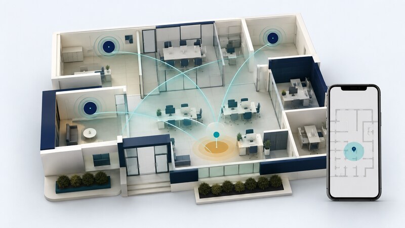 A cutaway office contains three Wi-Fi access points, conceptual ranging paths, and a phone displaying an indoor location estimate.