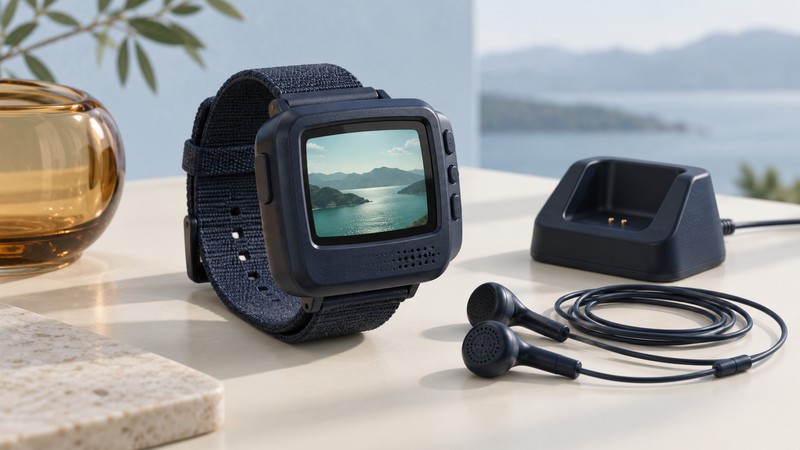 A chunky miniature television on a wrist strap sits beside wired earbuds and a charging cradle.