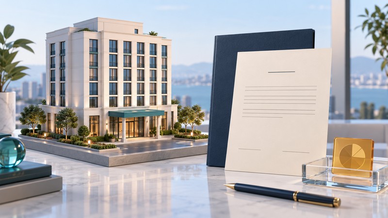 An unbranded ivory hotel with a teal canopy stands beside a navy folder, a blank agreement and an amber fee tile.