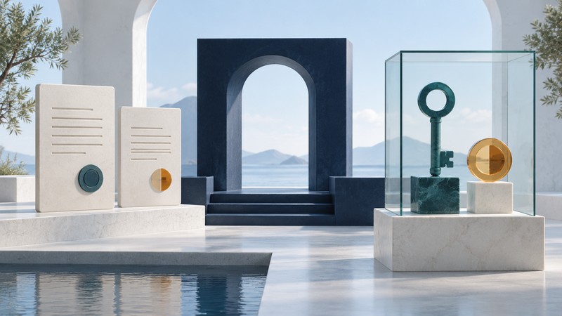 Two document panels stand beside a navy gateway and a glass case holding a key and amber token.