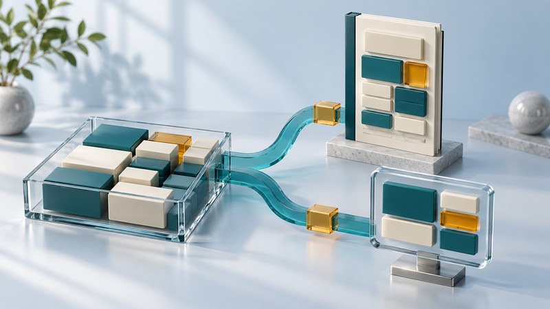 Ivory and teal content modules in a glass tray connect to a manual-shaped panel and a smaller publishing display.