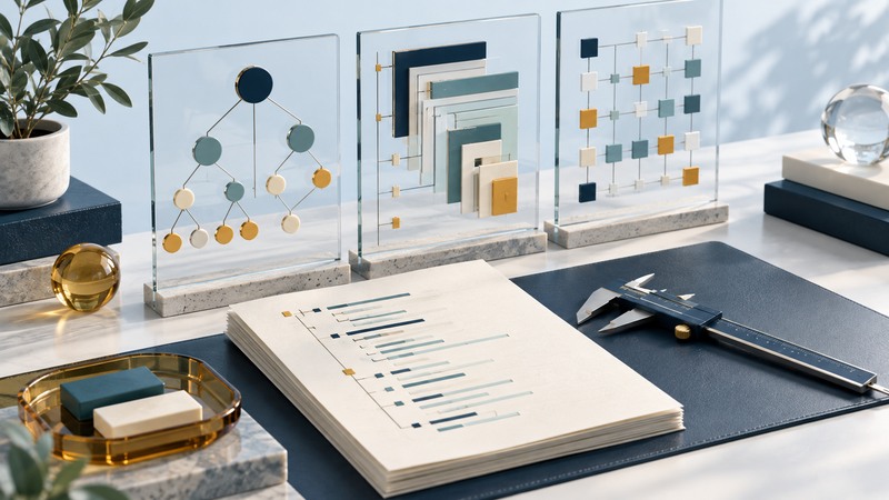 Glass panels display abstract trees, nested structures, and mappings above a technical workbench.