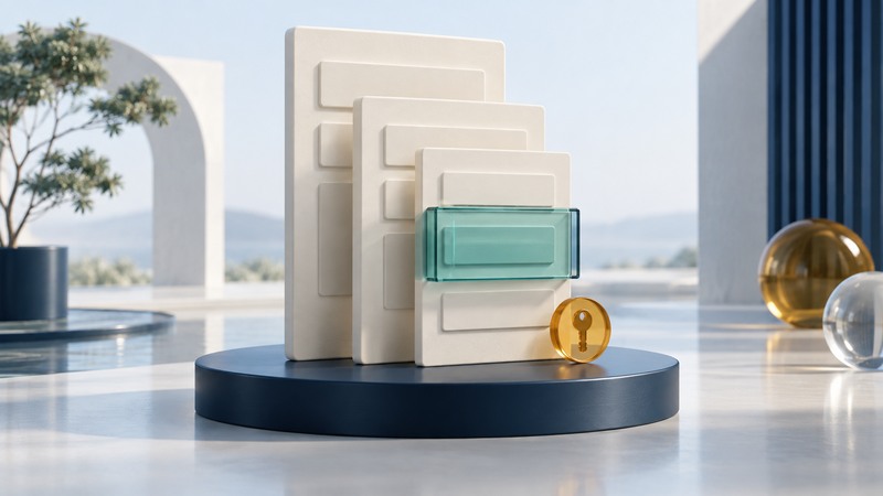 Nested ivory document panels contain rectangular fields, with one field enclosed by teal glass and an amber key token nearby.