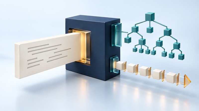 A document enters a navy frame and emerges as a branching tree and an ordered stream of blocks.
