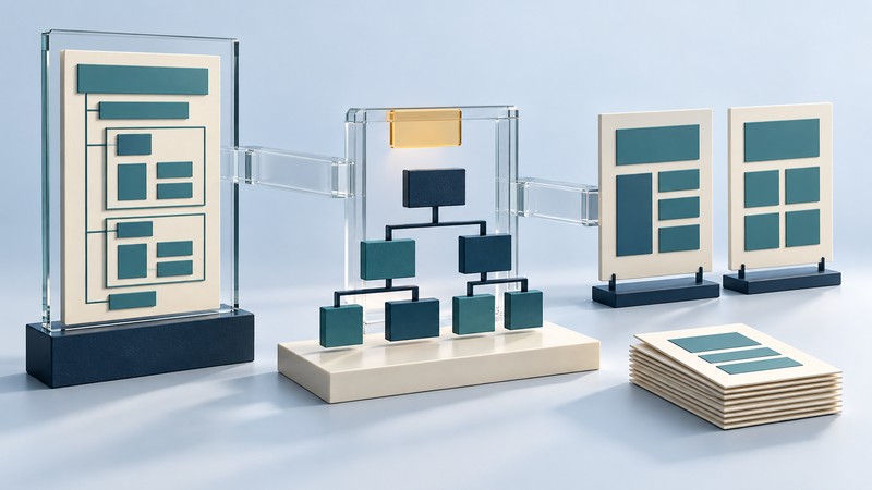 A glass document panel, branching navy and teal data tree, and ivory page layouts connected by clear glass pathways.