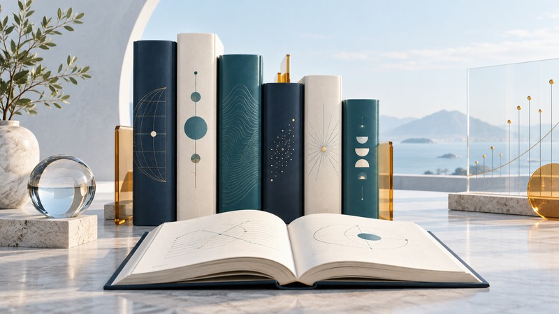 Six unbranded navy, ivory, and teal books stand behind an open reference book.