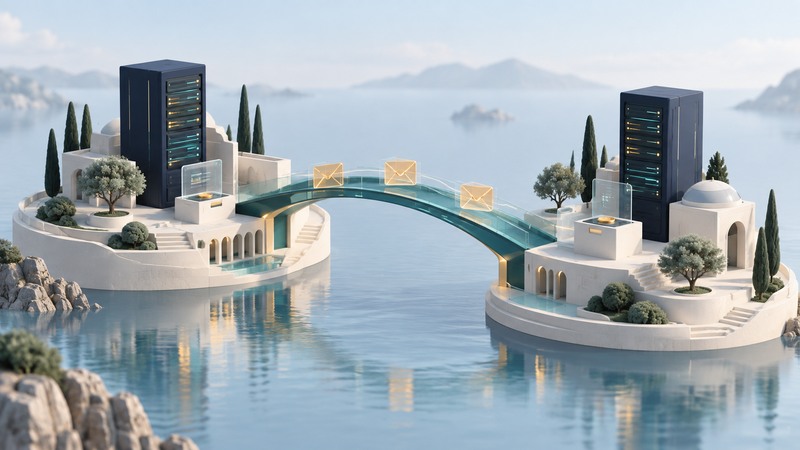 Two separate campus islands with server towers exchange glass envelopes across a teal bridge.