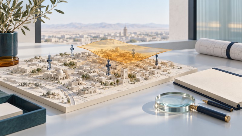 A conceptual desert city model sits beneath a translucent planning sheet beside a notebook and magnifying lens.