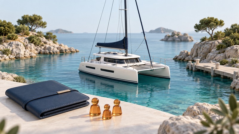 An ivory sailing catamaran floats in a sheltered teal harbor beside a navy travel folder and amber passenger tokens.