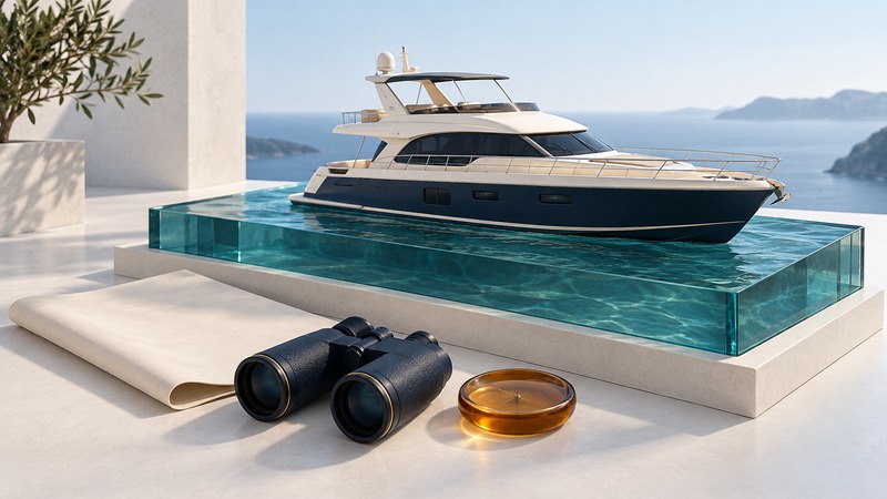 An ivory and navy cruising yacht floats in a teal display pool beside binoculars and a blank planning sheet.