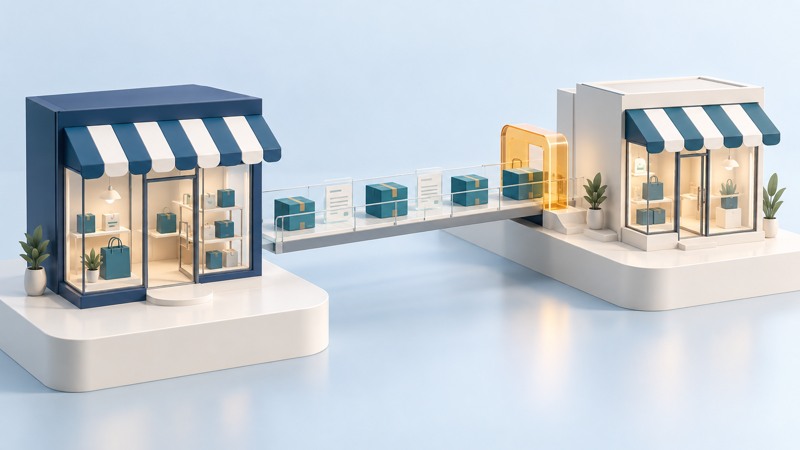 Two miniature storefronts connect by a bridge carrying product boxes and records.