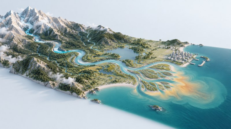 A stylized river basin descends from mountains through a lake and floodplain to a coastal sediment plume.