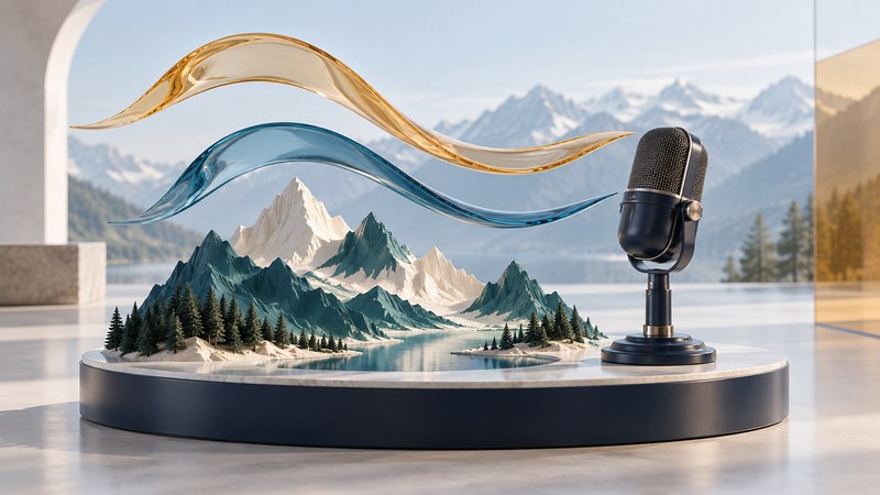 A miniature alpine landscape beside a microphone, with blue and amber glass ribbons above.