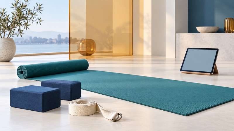 A teal yoga mat, navy blocks and an ivory strap sit beside a tablet in a quiet studio.