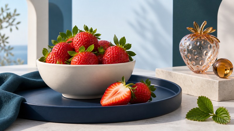 Fresh strawberries in an ivory bowl beside a translucent strawberry-shaped glass form.