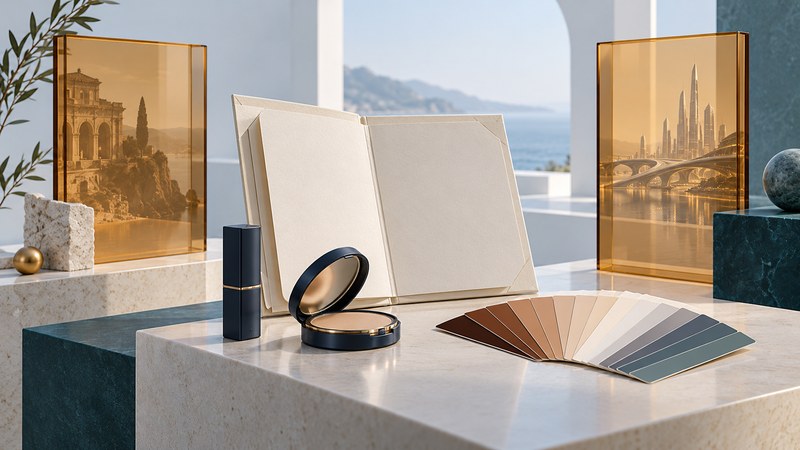 A cosmetics compact, fan of complexion shades and archive folder between transparent architectural frames.