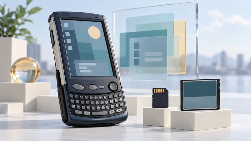A stylized portrait handheld with a thumb keyboard stands beside separate memory cards and glass software layers.