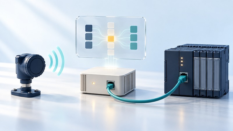 A sensor, gateway and controller are connected beneath a glass panel of translated data blocks.