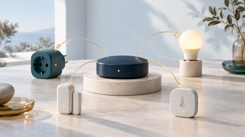 A navy hub sits among a smart plug, lamp, door sensor and temperature sensor with conceptual connecting arcs.