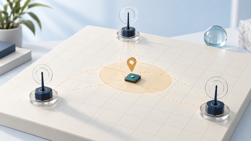 Three fixed radio nodes surround a small sensor on a grid with an amber estimated-position region.